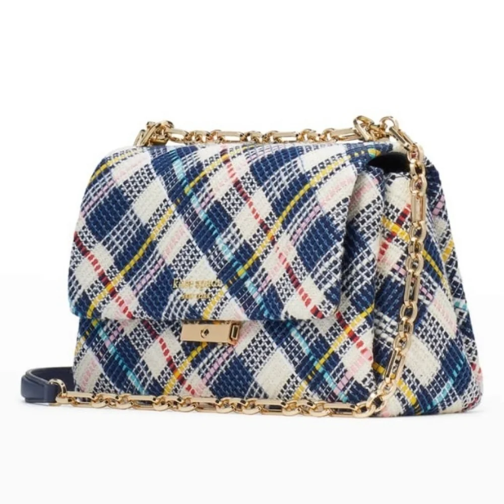 Kate Spade Blue Tweed Carlyle Shoulder Bag Purse $395 Handbag Plaid Gold Chain
